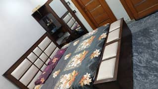 King size wooden bed with storage with wall dressing