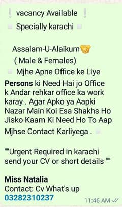 vacancy Available 
Specially karachi