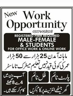 Need Male and Female staff for online work and office work