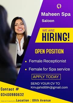 Females job/Need Females Staff/Required Females For Spa 03400980632