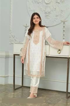 3 Pcs Women's Fancy Stitched Embroidered Suit
