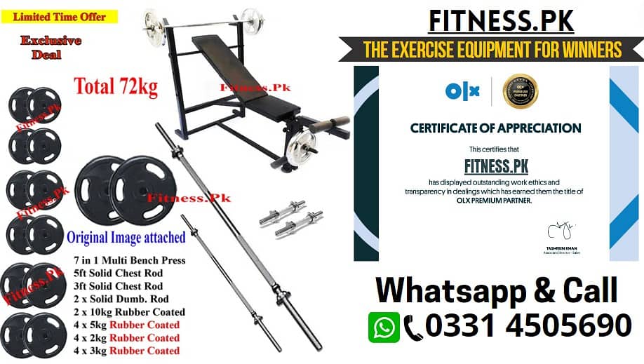 72kg Set 7 in 1 Multi Position Bench Press Rubber Coated Plates Dumbel 0