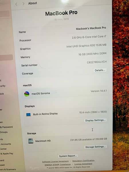 Apple Mackbook pro 2019 model 15inch i7 16Rm 256ss 4Gb garifcard t 9