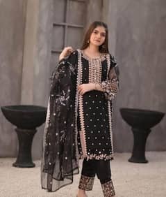 3 Pcs women's stitched Organza Embroidered suit