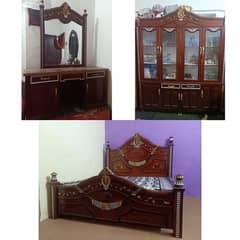 BED WITH DRESSING TABLE & SHOW CASE FULL WOODEN FURNITURE SET
