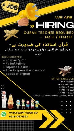 Quran Teachers Required in Malir Office - Male/Female 0