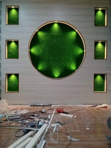 artificial grass, media wall, ceiling, office decore, beauty parker 4