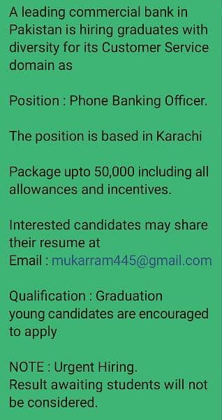 Hiring For a "Phone Banking Officer" - Karachi 0