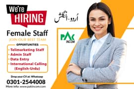 Female Staff Required DATA Entry, Calling, Admin