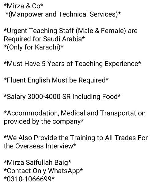 Urgent Staff required for Saudia Arabia (Only for Karachi candidates) 2