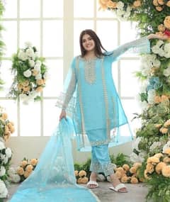 3 Pcs Women's Stitched Organza Embroidered Suit 0