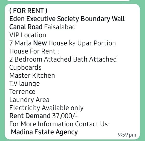 Eden Executive Society Boundary Wall Canal Road* Faisalabad VIP Location 7 Marla *New House ka Upar Portion House For Rent 14
