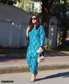 2 pcs Women's stitched line block printed suit