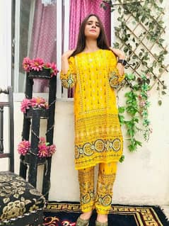 2 Pcs Women stitched linen printed suit