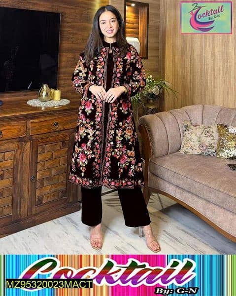 3 PCs Women's Stitched Katan Silk Embroidered Gown Suit 1