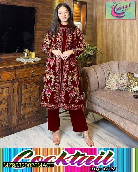 3 PCs Women's Stitched Katan Silk Embroidered Gown Suit 2