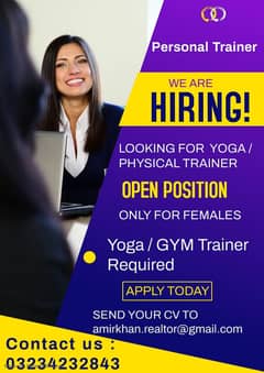 Lady Gym Trainer / Physical Health coach / Yoga Trainer JOBS Available
