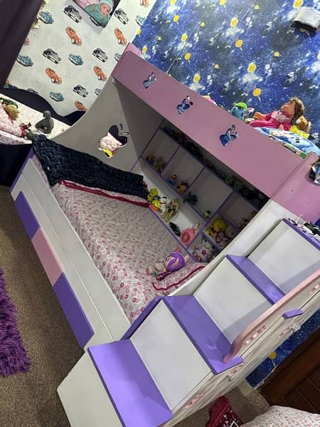 Bunker Bed with 3 beds , side Almirah and multiple drawers 1