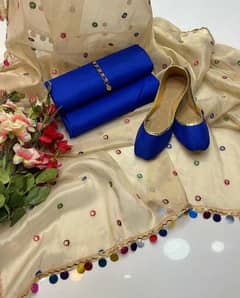 3Pcs women's Unstitched fancy Katan silk plain Suit with Khussa