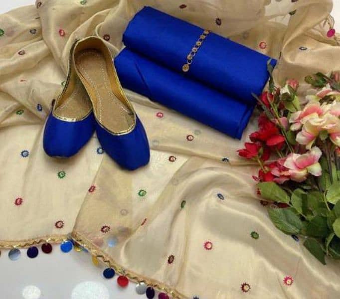 3Pcs women's Unstitched fancy Katan silk plain Suit with Khussa 1