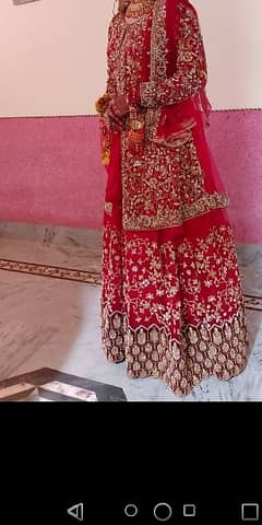 Long open shirt  lengha in red color with mehroon border