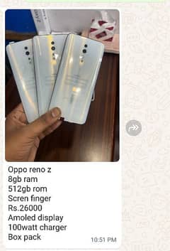 oppo reno z 8gb  512gb 4030mah batry 100wat charger