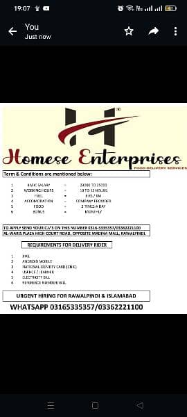 Delivery Rider required for full time and Part time 2