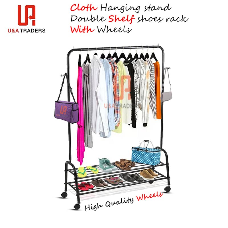 Cloth hanging stand and double shelf shoes rack with lockable wheels 0