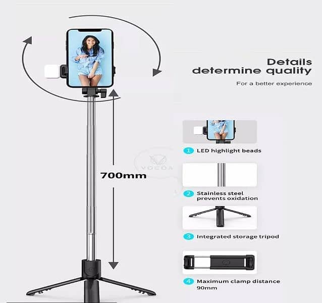 selfie stick with LED light mini tripod stand 1