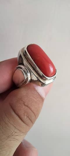100% Natural Red Marjan Coral Gem Stone Silver Ring