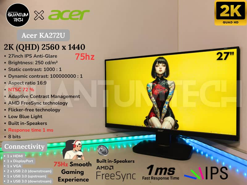 27inch IPS 2k QHD 75hz Acer KA272U AMD FreeSync 1ms Gaming LED Monitor 0