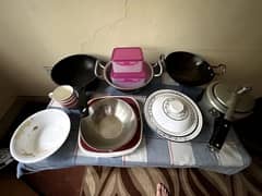 Kadhais,non stick utensil plus plates,mugs,storagebox