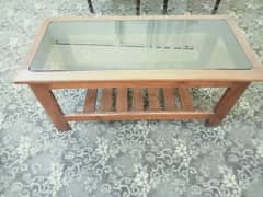 centre glass table and 2 side tables with wooden frame