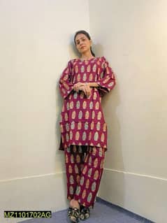 2 PCs women 's stitched linen block print suit