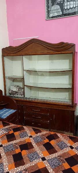 bed+side tables attach + Showcase wooden made 100% all ok just buy use 9