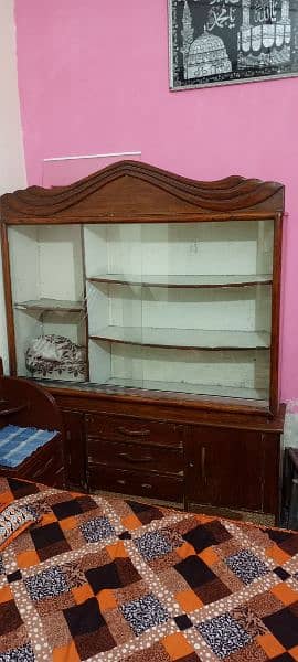 bed+side tables attach + Showcase wooden made 100% all ok just buy use 10