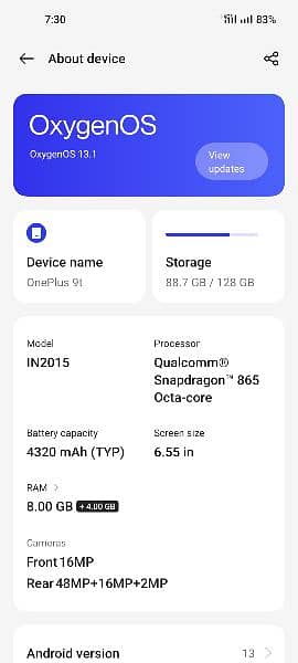 One Plus 8 Orwa Colour 8+8 GB Ram 128 GB Memourey 1