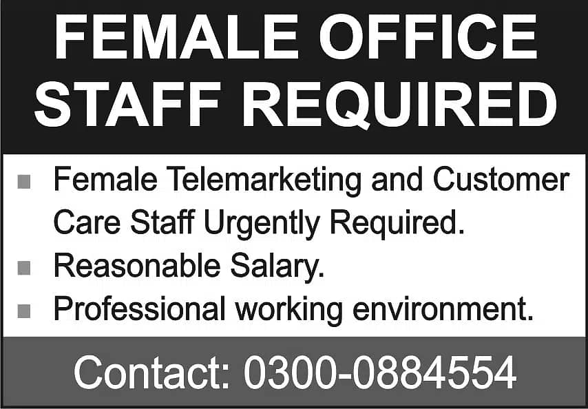 emale staff required for office WORK Telemarketing 0