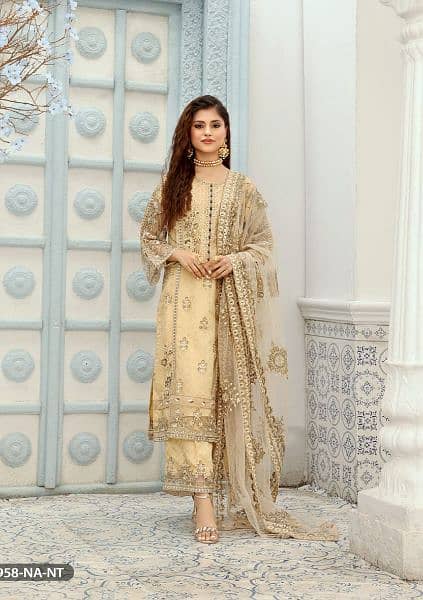 lawn three piece embroidered suit with net dupatta 0