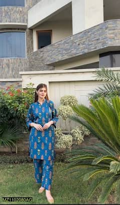 2 PC woman stitched linen printed shirt and trouser