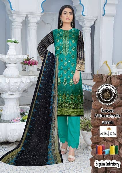 3PCS embroidered lawn suit with chiffon dupatta for sale 1