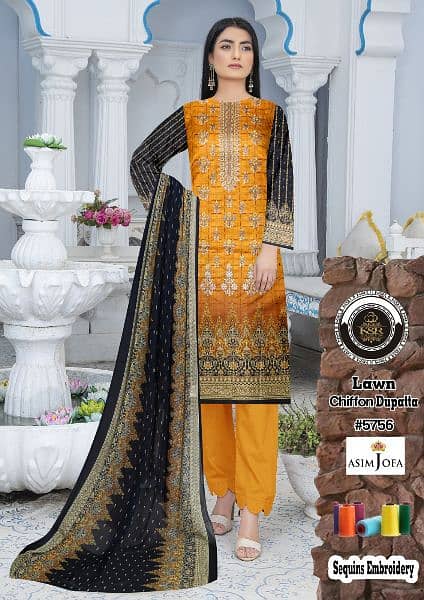 3PCS embroidered lawn suit with chiffon dupatta for sale 2