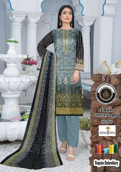 3PCS embroidered lawn suit with chiffon dupatta for sale 3