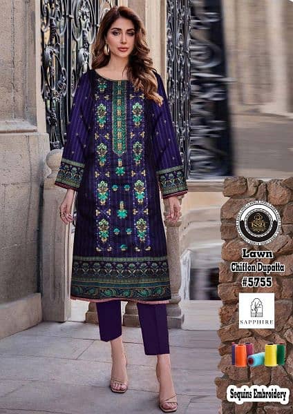 3PCS embroidered lawn suit with chiffon dupatta for sale 4