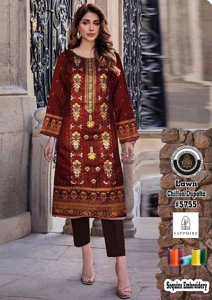 3PCS embroidered lawn suit with chiffon dupatta for sale 5