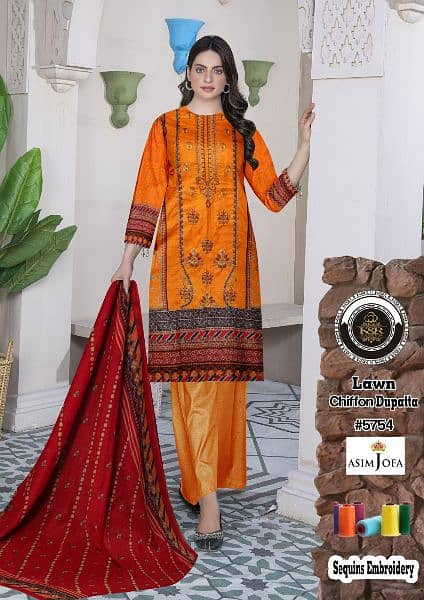 3PCS embroidered lawn suit with chiffon dupatta for sale 6