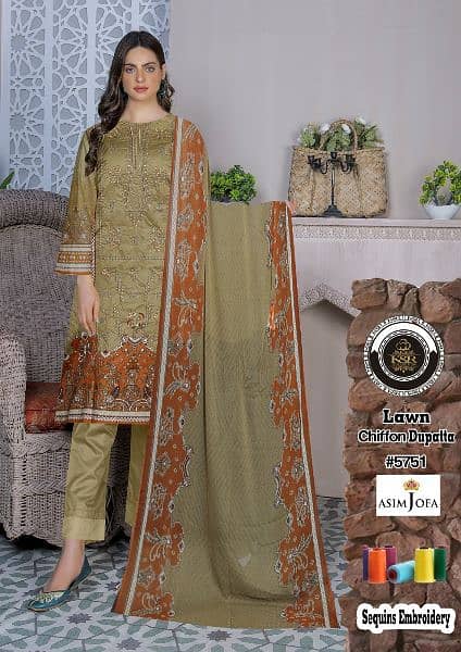 3PCS embroidered lawn suit with chiffon dupatta for sale 7