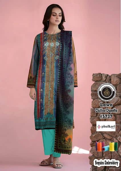 3PCS embroidered lawn suit with chiffon dupatta for sale 9