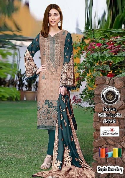 3PCS embroidered lawn suit with chiffon dupatta for sale 10