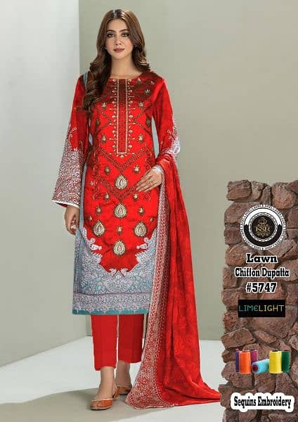 3PCS embroidered lawn suit with chiffon dupatta for sale 11